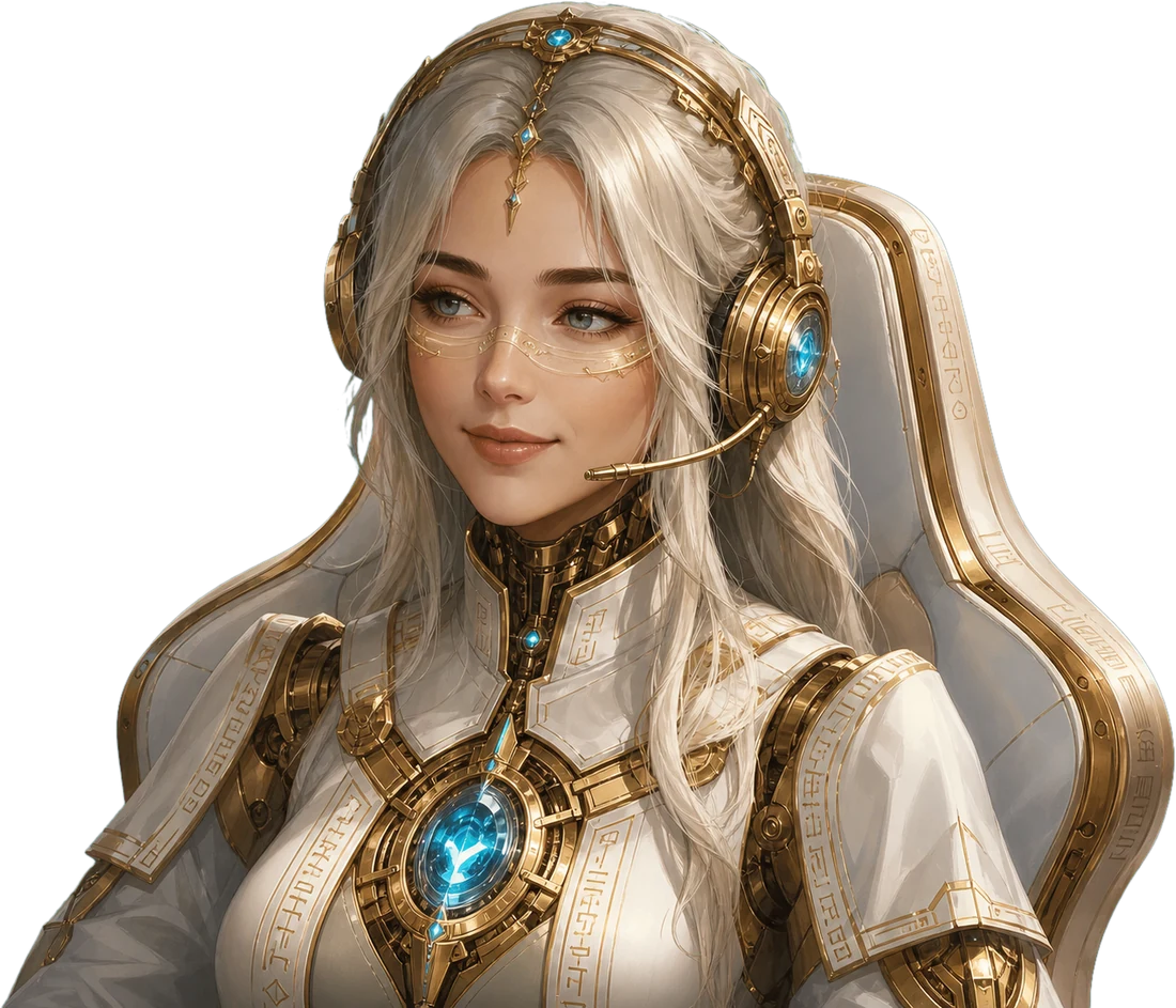 Vesper, an AI co-host with silver hair and a gold-and-crystal headset